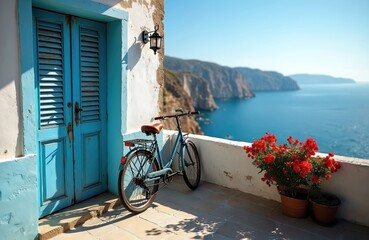 Obraz premium Blue vintage bicycle leans on weathered blue door. Balcony terrace overlooks calm sea, distant rocky cliffs. Red flowers add vibrant color to peaceful Mediterranean scene on sunny day. Perfect for