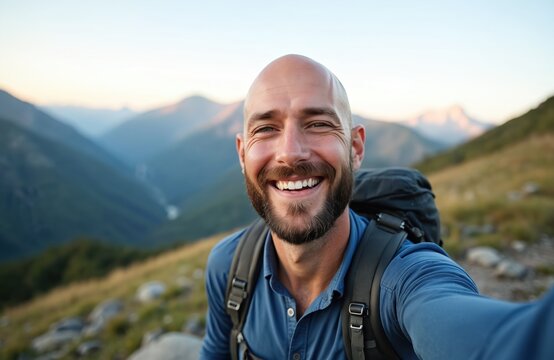 Bald man with beard smiles taking selfie on mountain top. Hiker with backpack rests on hike enjoying panoramic view at sunset. Solo traveler captures happy moment during outdoor adventure.