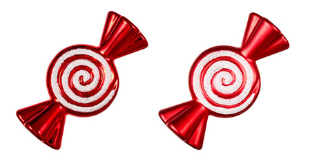 Red glossy candy-shaped Christmas ornaments with white spiral design, isolated on a white...