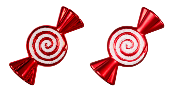 Red glossy candy-shaped Christmas ornaments with white spiral design, isolated on a white background. Festive holiday decoration elements perfect for Christmas compositions, packaging, greeting cards,