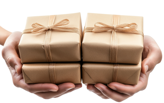 Hands holding gift-wrapped tech boxes with Cyber Monday tags ready for online shopping and holiday promotions isolated on transparent background PNG - Powered by Adobe