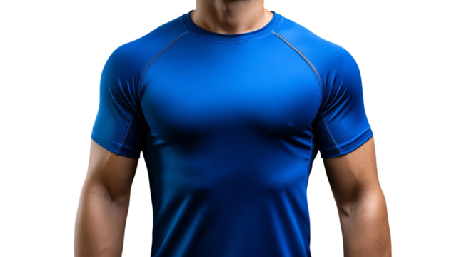 PNG of Athletic male model wearing a fitted blue sports shirt, showcasing strength and fitness.