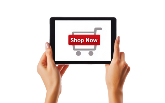 Hands holding a tablet displaying a Shop Now button for online shopping and e-commerce promotions isolated on transparent background PNG