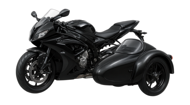 Sport motorcycle featuring an aerodynamic sidecar and carbon fiber details.