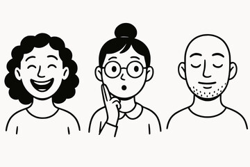 Minimalist black and white cartoon trio showing cheerful, contemplative, and serene facial expressions through expressive line art.