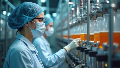 Female workers in a beverage factory check production line. Women wear protective gear at food processing plant. Employees inspect automated machinery. They control quality in the clean environment.