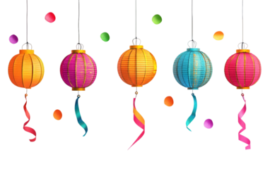 Colorful Diwali decorations featuring hanging paper lanterns and streamers enhancing festive ambiance and cultural celebration isolated on transparent background PNG