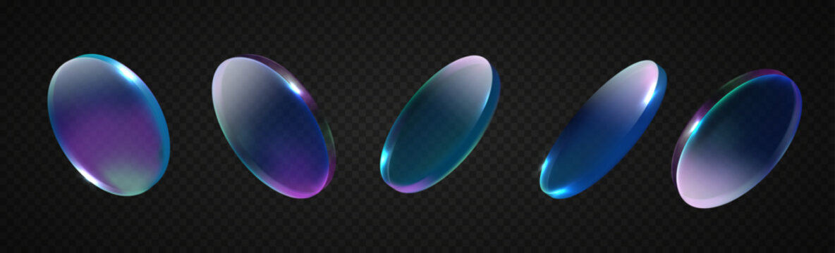 3D transparent glass round plates with soft holographic gradient reflections. Realistic glossy lens circles for UI design, tech elements and modern decoration.