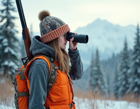Young woman looks through binoculars in snowy winter forest. Wears bright orange hunting vest, warm camo hat, backpack, carries rifle. Lady observes wild nature, snowy mountains. Ready for outdoor