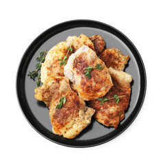 Tasty cooked chicken thighs with thyme isolated on white, top view