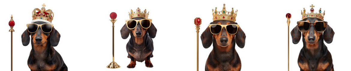 Four funny dachshund dogs dressed as kings with golden crowns, sunglasses, and scepters, isolated on transparent background