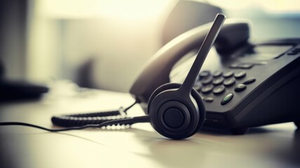Modern Telecommunication Setup: A close-up shot of a telephone and headset, representing modern business communication in a sunlit office setting.