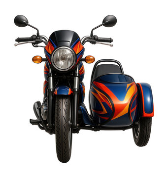 Compact motorcycle with a sidecar, featuring a colorful design.