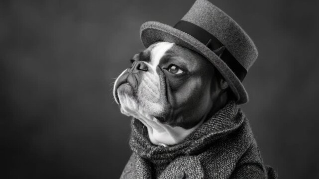 A pug dog dressed in clothing with human-like expressions.