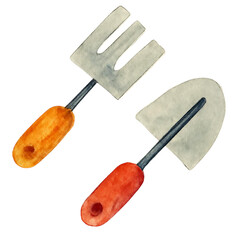 Watercolor Gardening Tools Hand Trowel and Fork