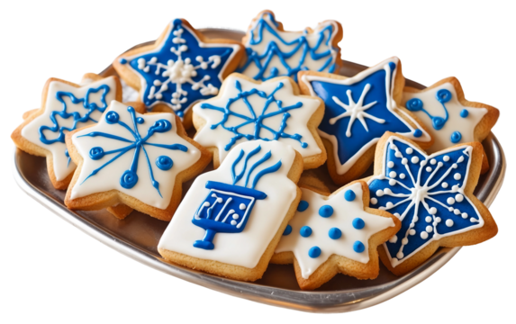 Creative Hanukkah cookie set arranged with cultural symbols highlighting traditional holiday baking and celebratory treats isolated on transparent background PNG - Powered by Adobe