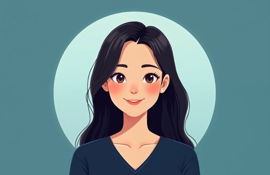 Stylized avatar portrait of young asian woman with long dark hair. Friendly smile, bright eyes, simple blue top. Clean background circle element. Represents online profiles, user icons, digital art.
