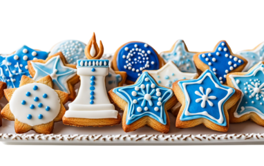 Close-up of hand-decorated Hanukkah cookies in traditional symbols including menorah, dreidel, and stars for family enjoyment isolated on transparent background PNG