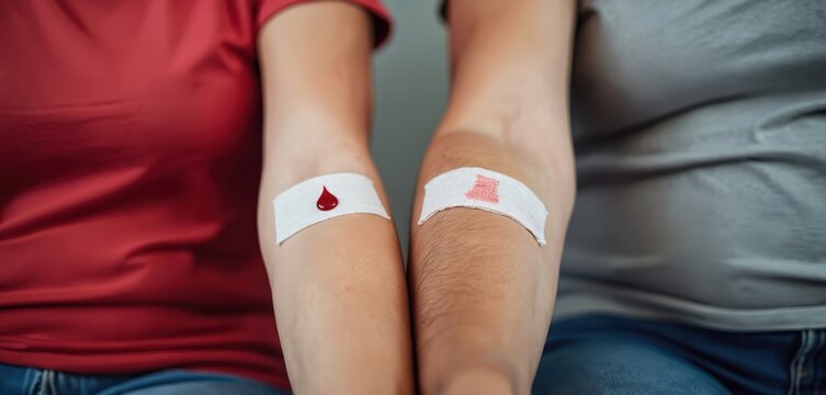 Man and woman show bandaged arms after blood donation. Red blood drop on bandage shows life saving act. People give blood, help patients in need, support charity.