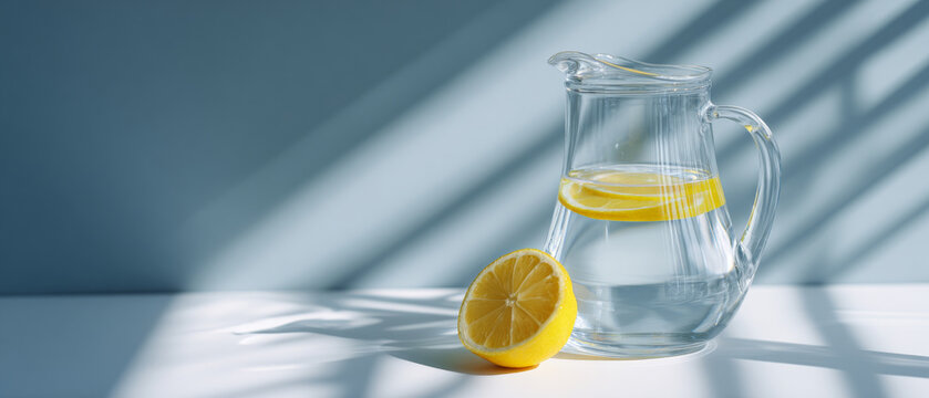 Glass pitcher filled with water and lemon slices on white surface with half lemon beside it under soft natural light - Powered by Adobe