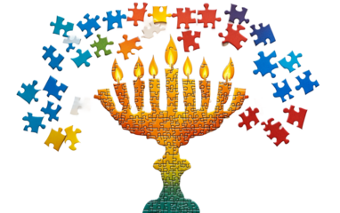 Creative Hanukkah puzzle showing pieces coming together to reveal a traditional menorah for family holiday engagement isolated on transparent background PNG