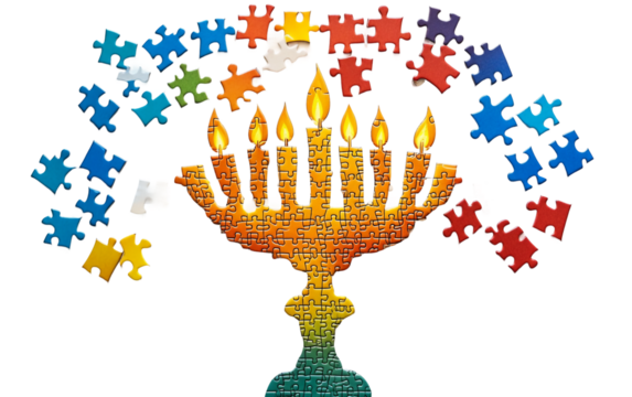 Creative Hanukkah puzzle showing pieces coming together to reveal a traditional menorah for family holiday engagement isolated on transparent background PNG