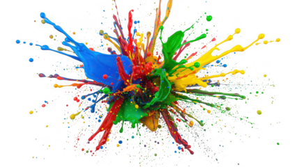 Vibrant explosion of colorful paint splashes creating an abstract design, isolated on transparent background