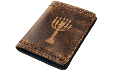 Close-up of a Hanukkah passport cover with traditional menorah and dreidel illustrations highlighting decorative travel accessories isolated on transparent background PNG