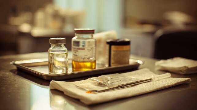 Close-Up View of Medical Supplies on a Sterilized Tray Set in a Clinical Environment Focusing on Healthcare Equipment and Safety - Powered by Adobe