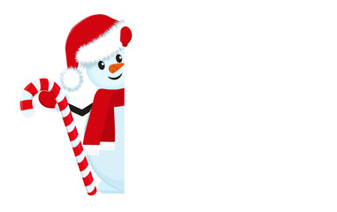 Happy smiling snowman peeking from behind a blank banner and holding a candy cane. Cute winter character for Christmas cards, posters and holiday design. Vector illustration.