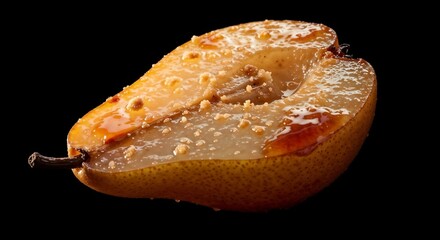 Caramelized half-pear with honey glaze on a black background

