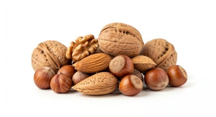 Mixed nuts including walnuts, almonds, and hazelnuts on a white background
