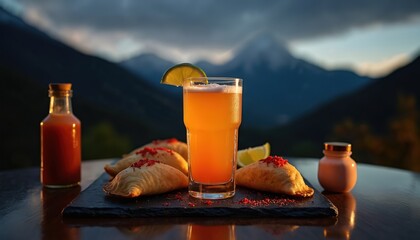 Chilean pisco sour cocktail served with traditional empanadas. Refreshing drink pairing with delicious savoury snack food. Mountains in the background set the scene for the dinner