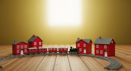 Red toy train with houses on a wooden track against a yellow background