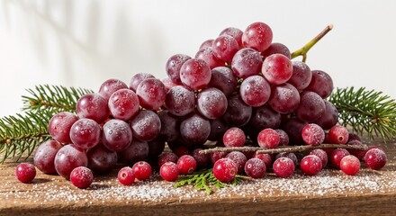 Red grapes and cranberries on a wooden table with winter decoration