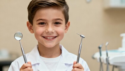 Young boy in a white lab coat holding dental tools, smiling brightly in a dental clinic, showcasing enthusiasm for dentistry and oral health education