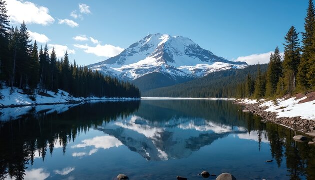 Snowy mountain peak Mt Rainier towers above serene lake with snow covered shoreline. Calm water reflects blue sky, white clouds. Evergreen trees line lake banks on either side. Landscape of Mt