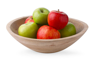 Red and green ripe apples in bowl isolated on white