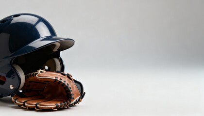 Baseball helmet and glove resting on a smooth surface, showcasing sports equipment with a minimalist design, perfect for athletic-themed projects and promotions