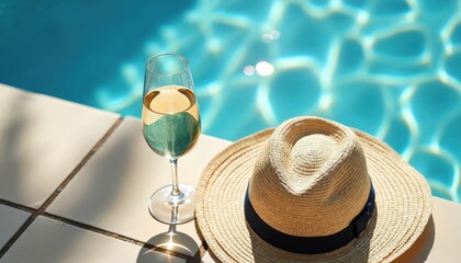 Wine glass filled with sparkling white wine is near straw hat by pool water. Summer vacation vibes at a luxury resort. Sunlight reflects on the clear pool.