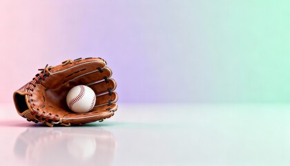 Baseball glove resting on a reflective surface with a baseball inside, set against a softly blurred gradient background, creating a vibrant and dynamic sports-themed atmosphere