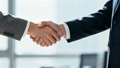 Business professionals shaking hands in a modern office environment, showcasing partnership and collaboration with bright natural light illuminating the scene