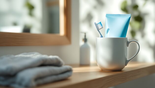 Clean bathroom shelf with toothbrush toothpaste and towels