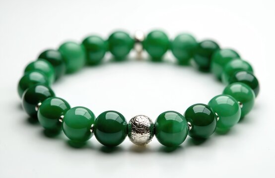 Green beaded bracelet with silver spacers arranged in a circle. Elegant accessory for daily wear. Good for fashion blogs or personal style articles.
