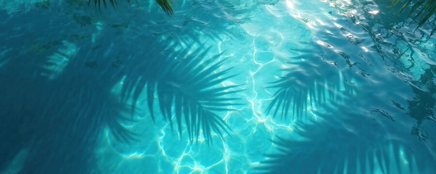 Clear blue water surface with rippling texture and dark palm leaf shadows. Sunlight creates bright patterns and reflections on aquatic background. Calm and serene natural scene.