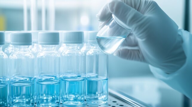 Gloved Hand Holds Liquid Sample Near Vials - Lab, Research , Medicine