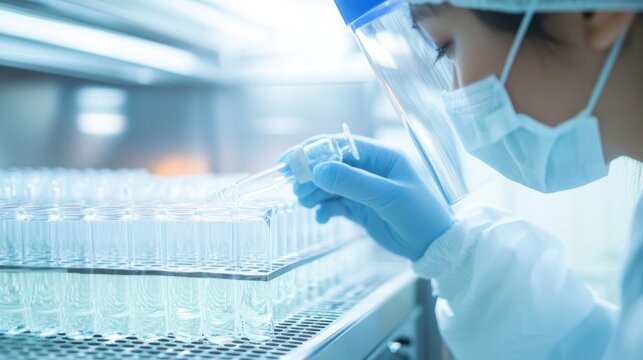 Lab Technician Filling Vials with Pipette Under Hood, Research, Science