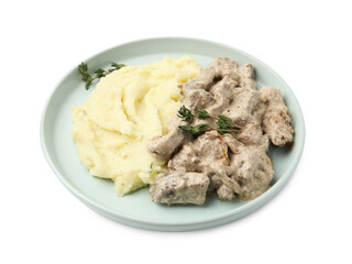 Delicious beef stroganoff with mashed potatoes and thyme isolated on white