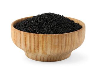 Black cumin seeds in bowl isolated on white