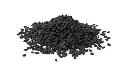 Pile of black cumin seeds isolated on white